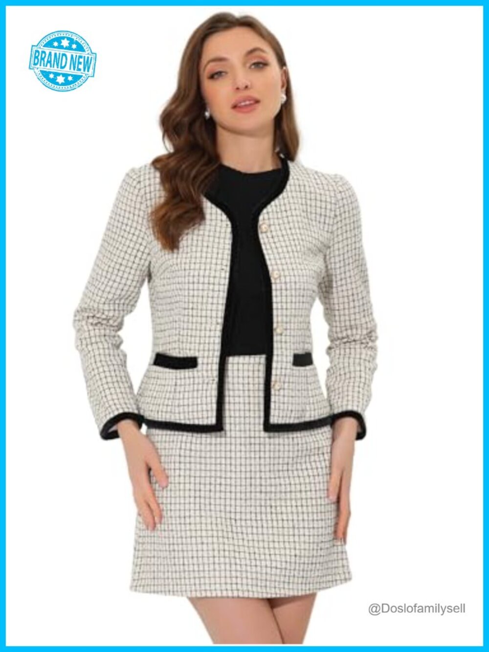 Tweed Two-Piece Business Suit Set Plaid Blazer Mini Skirt